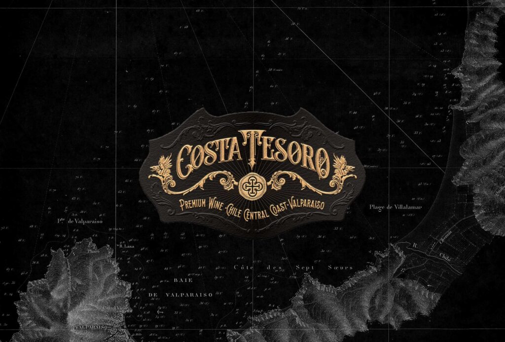 Costa Tesoro red wine logo against a black old map