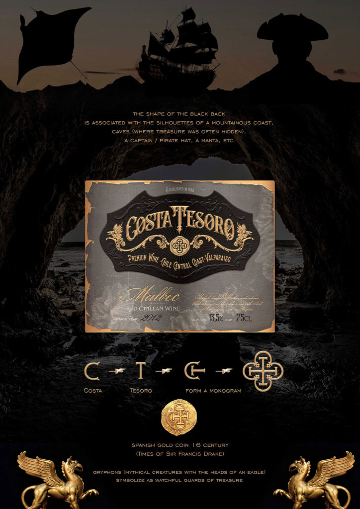 Sillouhettes of a pirate, pirate ship and caves are accompanied by a red wine label called Costa Tesoro