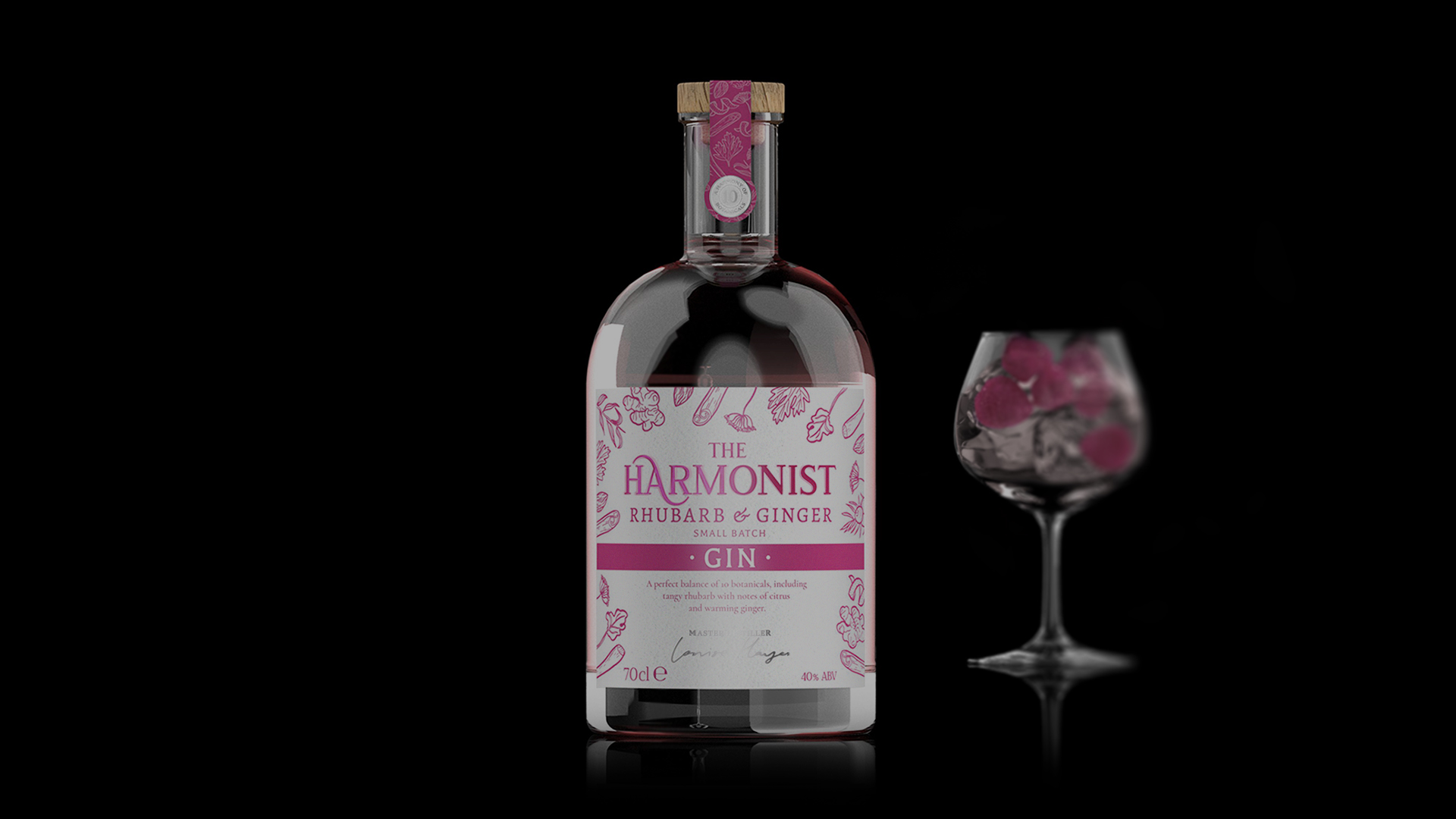 Bottle of The Harmonist Rhubarb and Ginger Gin against a black background