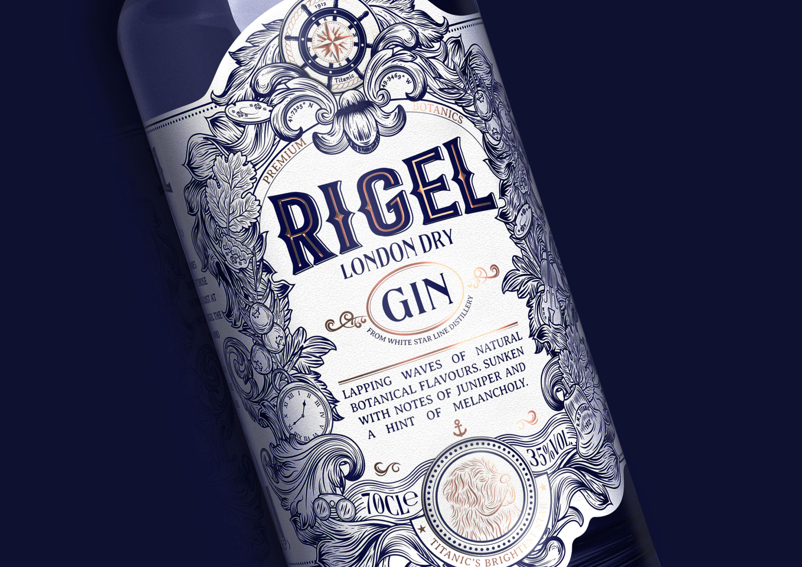 Bottle of Rigel Gin against a dark blue background