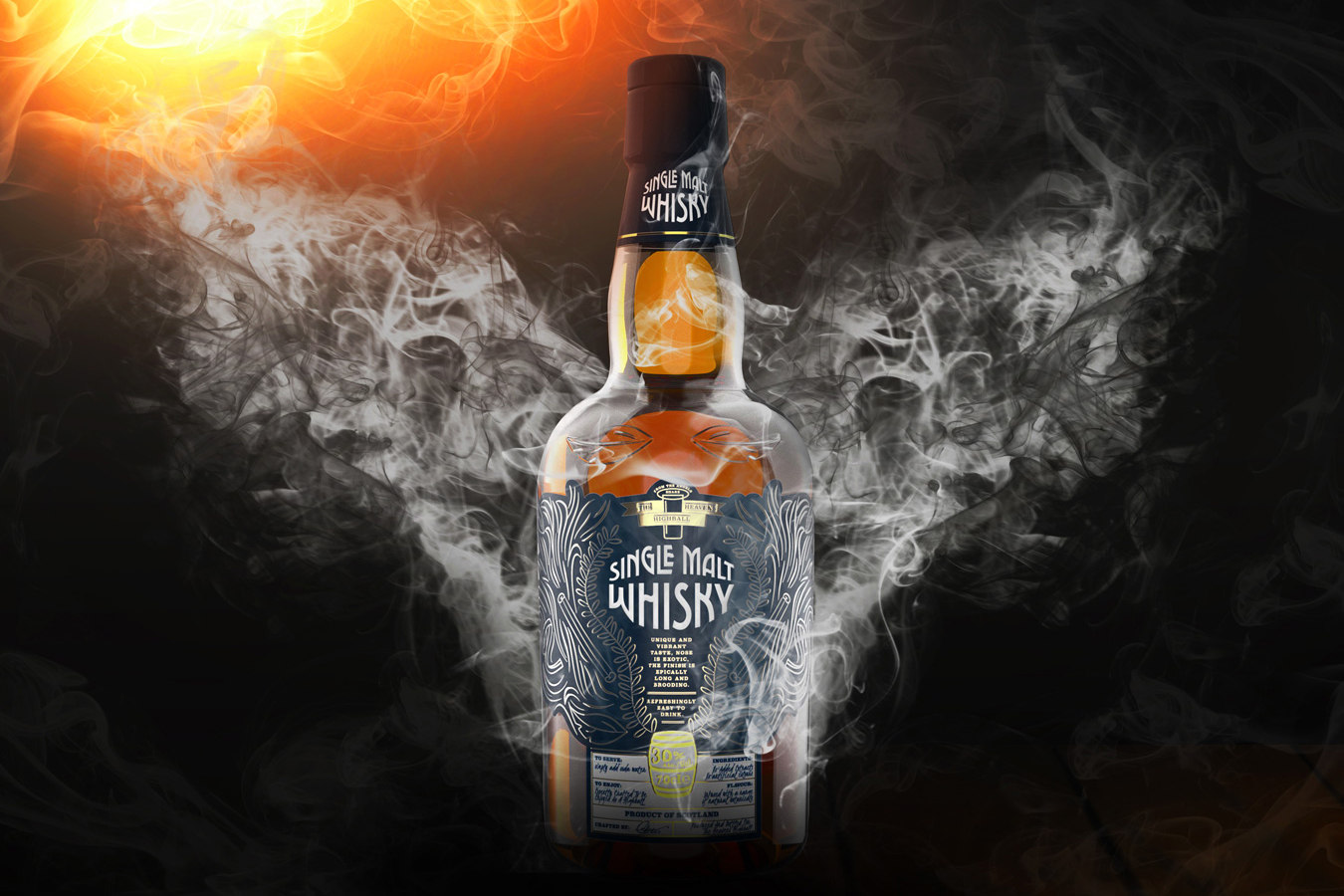 Bottle of single malt whiskey surrounded by smoke with a light shining above it