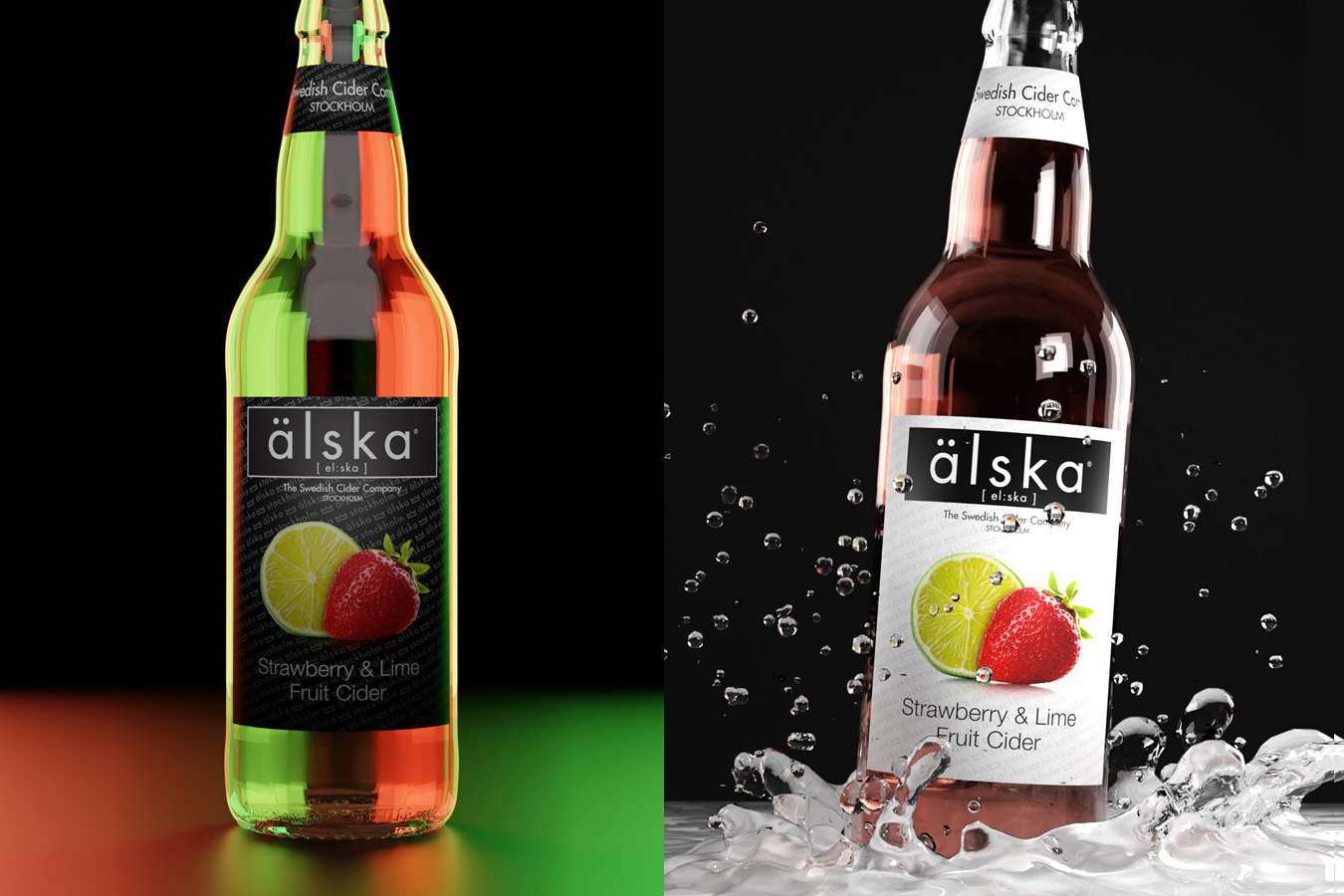 Two bottle of älska cider next to each other, one side of the image has a red, green and blackground, the other is creating a splash of water