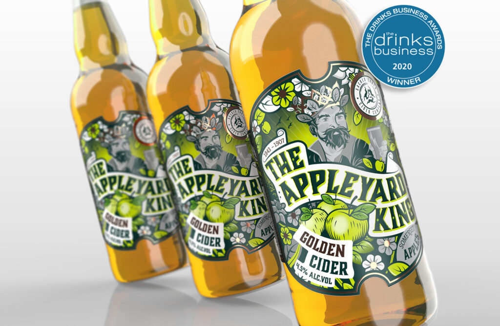 Three bottles of The Appleyard King cider standing in front of each other along with a blue logo showing the ciders won The Drinks Business Award 2020