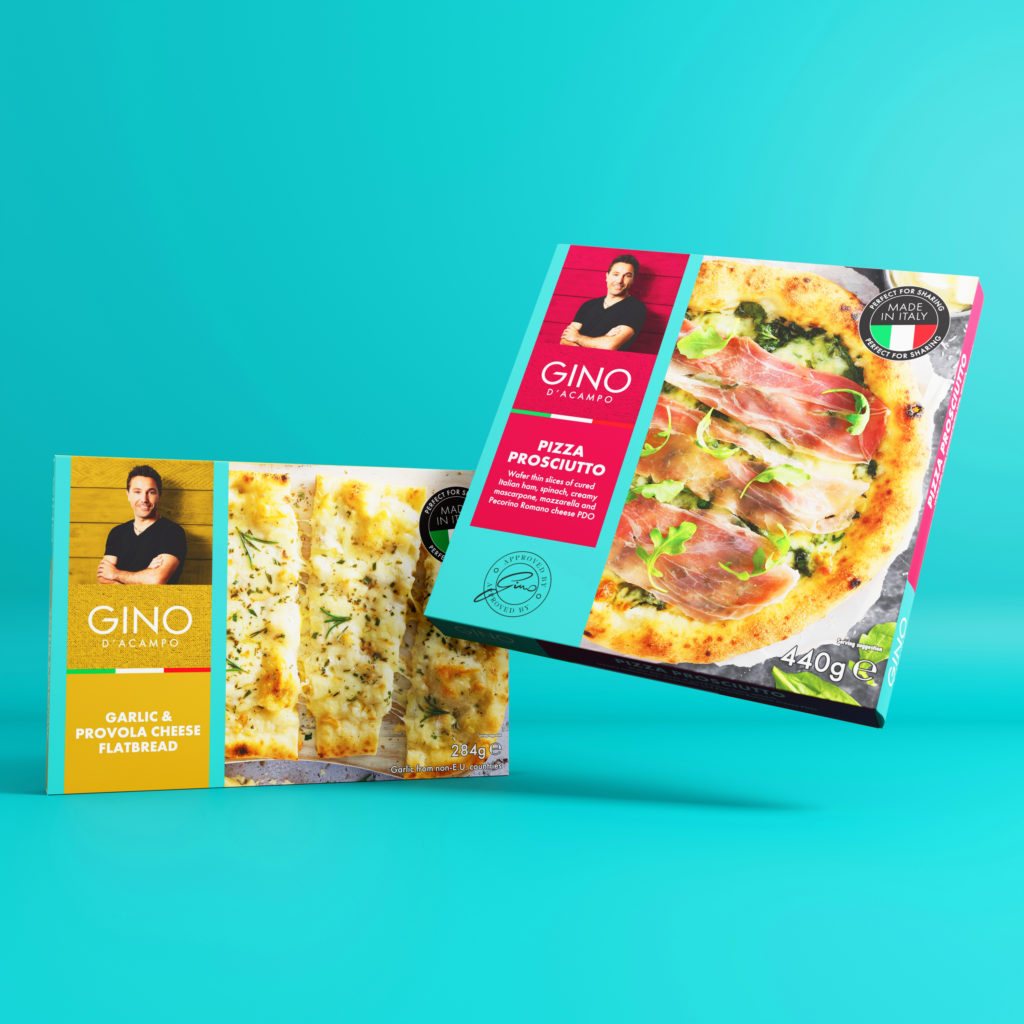 Floating boxes of the Gino D'Acampo pizza range on a teal blue background