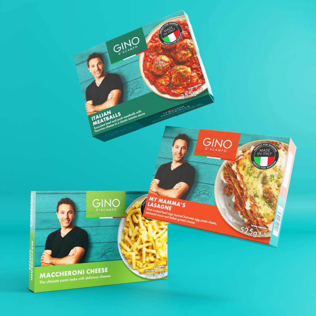Floating boxes of the Gino D'Acampo ready meal range on a teal blue background
